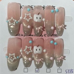 [S] ⭐️🍎🎀 10Pcs Wearable Press on Nail Long Shiny White Stars Apple Bow Ribbon